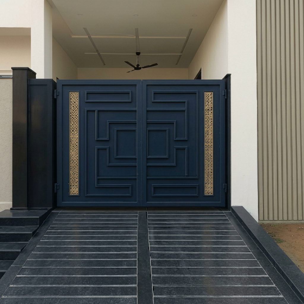 Sophisticated Dark Navy Double Swing Main Gate with Stepped Geometric Panels and Vertical CNC Lattice Accents