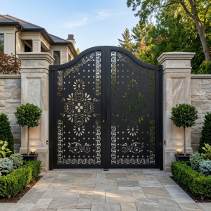 Classic-Modern Arched Matte Black Double Swing Main Gate with Gold-Tone Floral Medallions and Greek-Key Borders