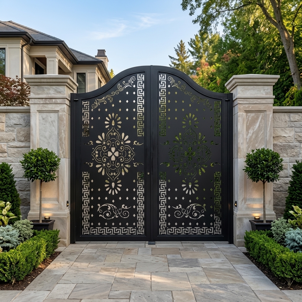 Classic-Modern Arched Matte Black Double Swing Main Gate with Gold-Tone Floral Medallions and Greek-Key Borders