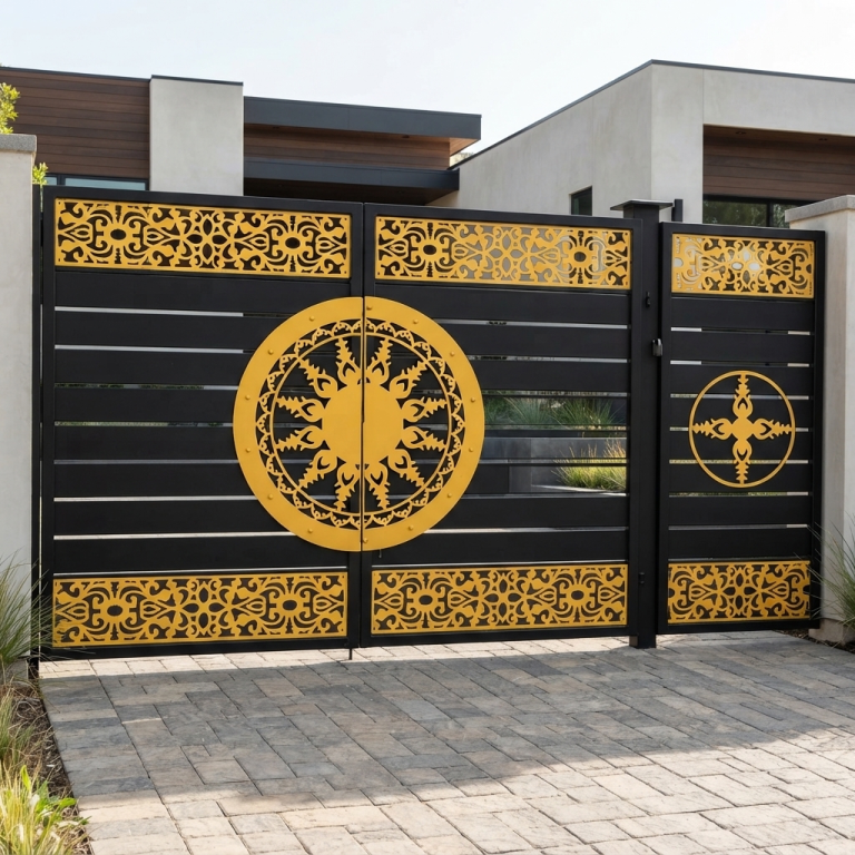 Bold Matte Black Double Swing Main Gate with Golden Sunburst Medallions and Ornate Filigree Borders