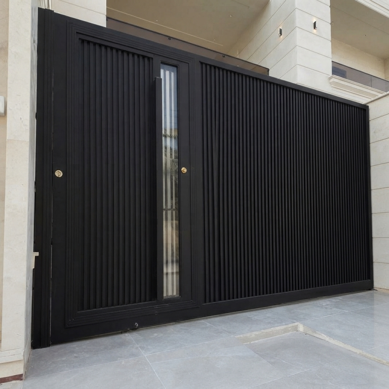 Ultra-Modern Matte Black Sliding Main Gate with Vertical Slatted Design and Integrated Pedestrian Door