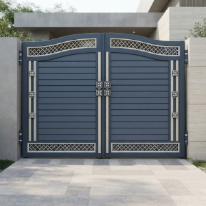 Modern Geometric Dual-Tone Double Swing Main Gate (Slate Blue & Beige)