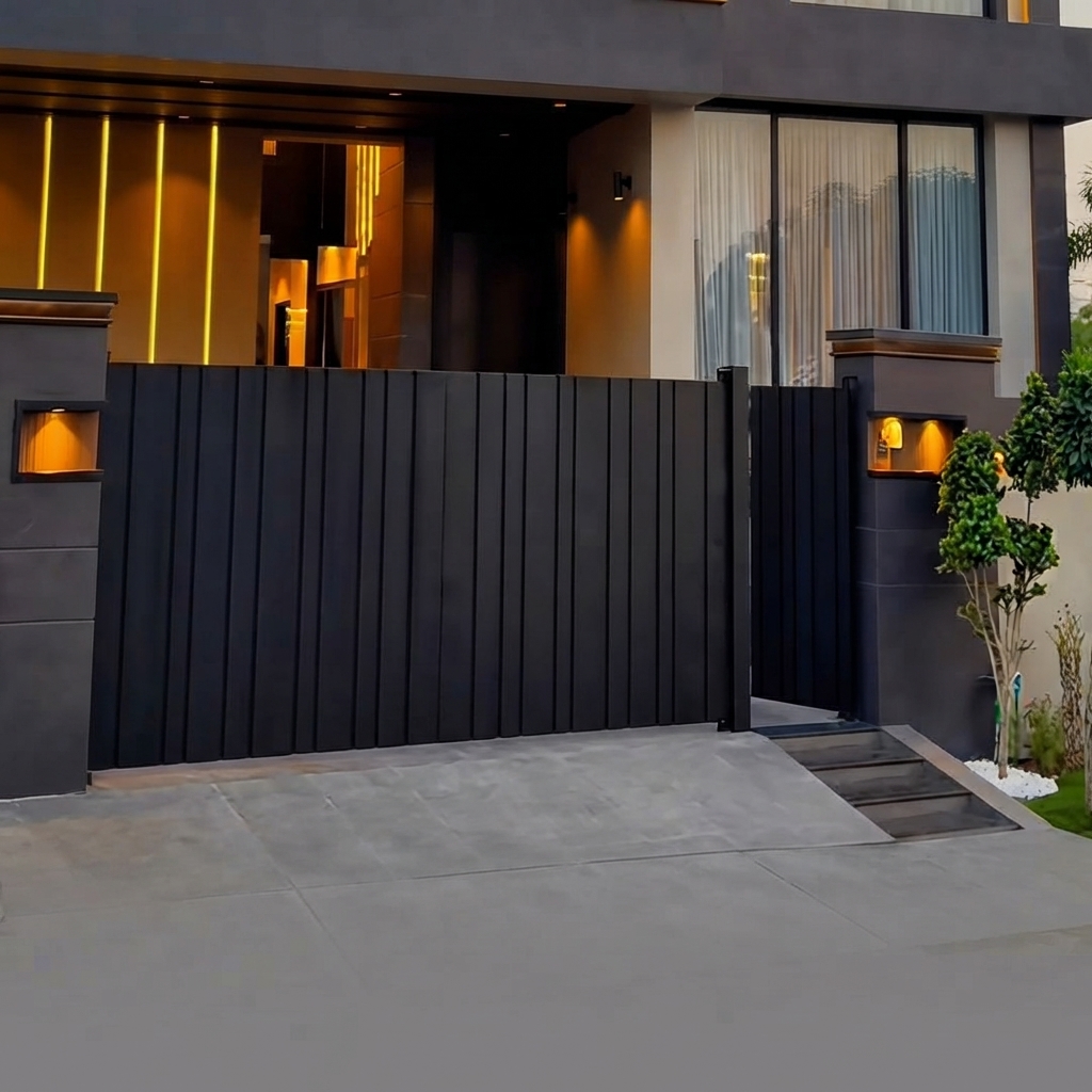 Ultra-Modern Matte Black Sliding Main Gate with Vertical Slat Privacy Panels and Integrated Pedestrian Access