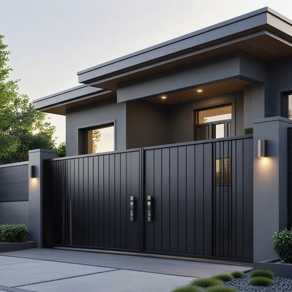 Ultra-Modern Deep Matte Black Metal Sliding Main Gate with Vertical Privacy Slats and Sleek Integrated Hardware