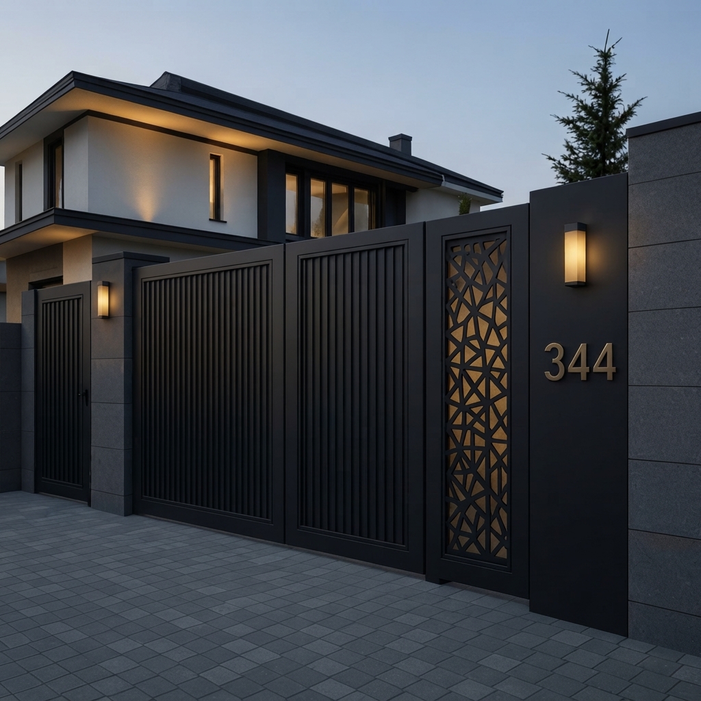 Ultra-Modern Matte Black Sliding Main Gate with Vertical Privacy Slats and Geometric Lattice Accent Panel