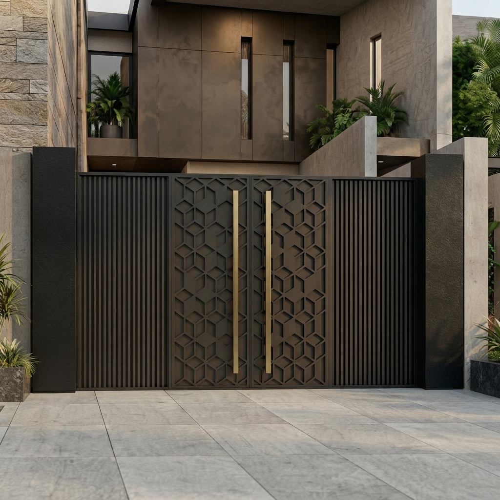 Ultra-Modern Dark Bronze Double Main Gate with Geometric Hexagonal Lattice Panels and Vertical Gold Accent Handles