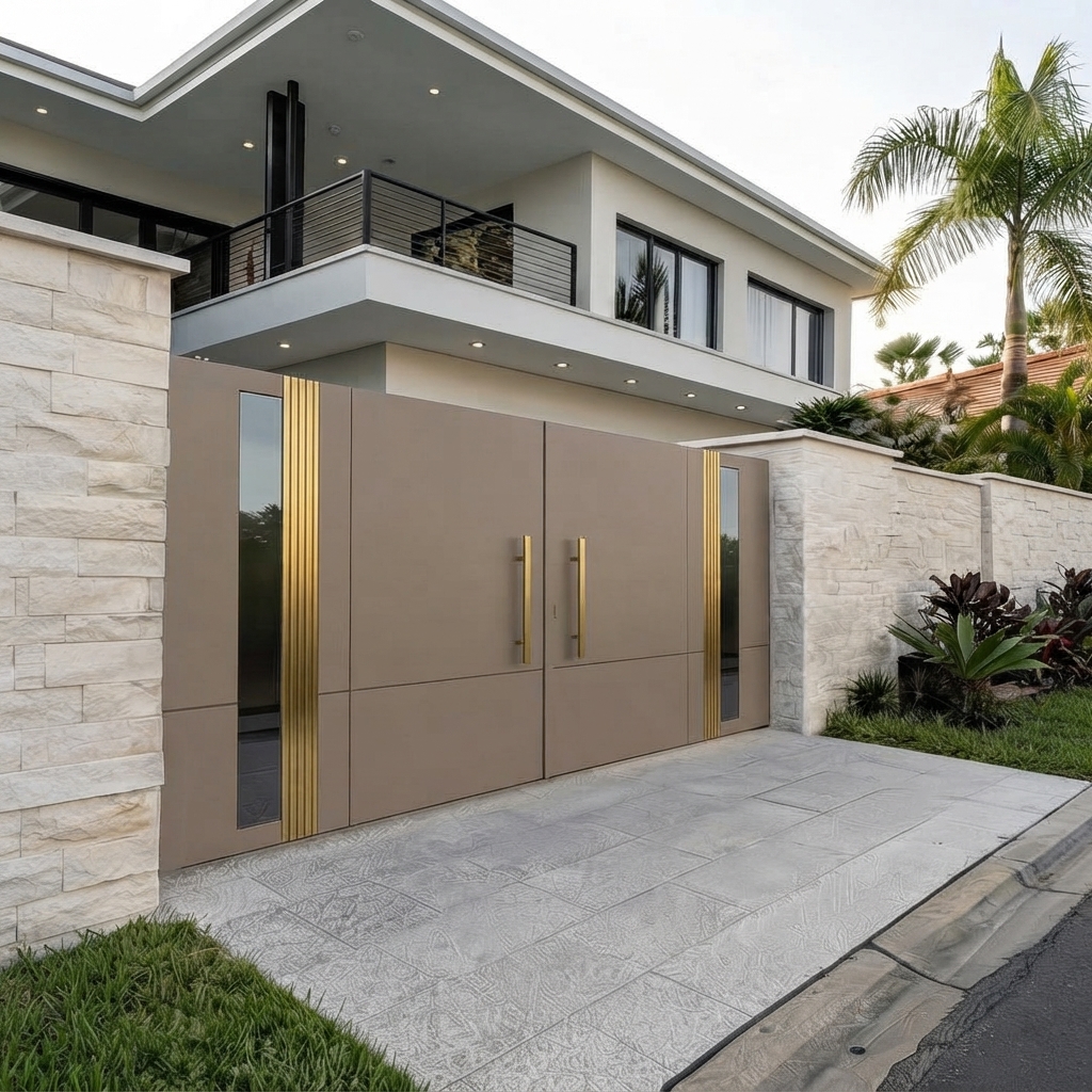 Ultra-Modern Matte Taupe Bi-Parting Sliding Main Gate with Vertical Gold Slat Accents and Integrated Glass Panels