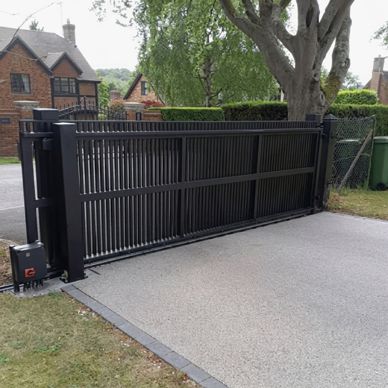 Ultra-Modern Matte Black Metal Sliding Main Gate with Vertical Privacy Slats and Automated Track System