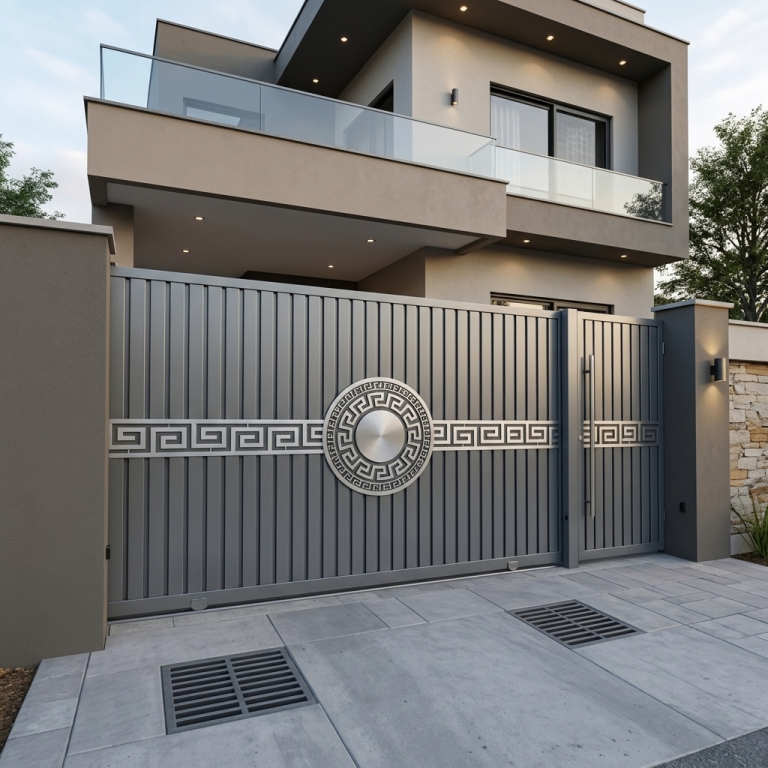 Ultra-Modern Matte Grey Metal Sliding Main Gate with Vertical Privacy Slats and Circular Greek Key Medallion Accent