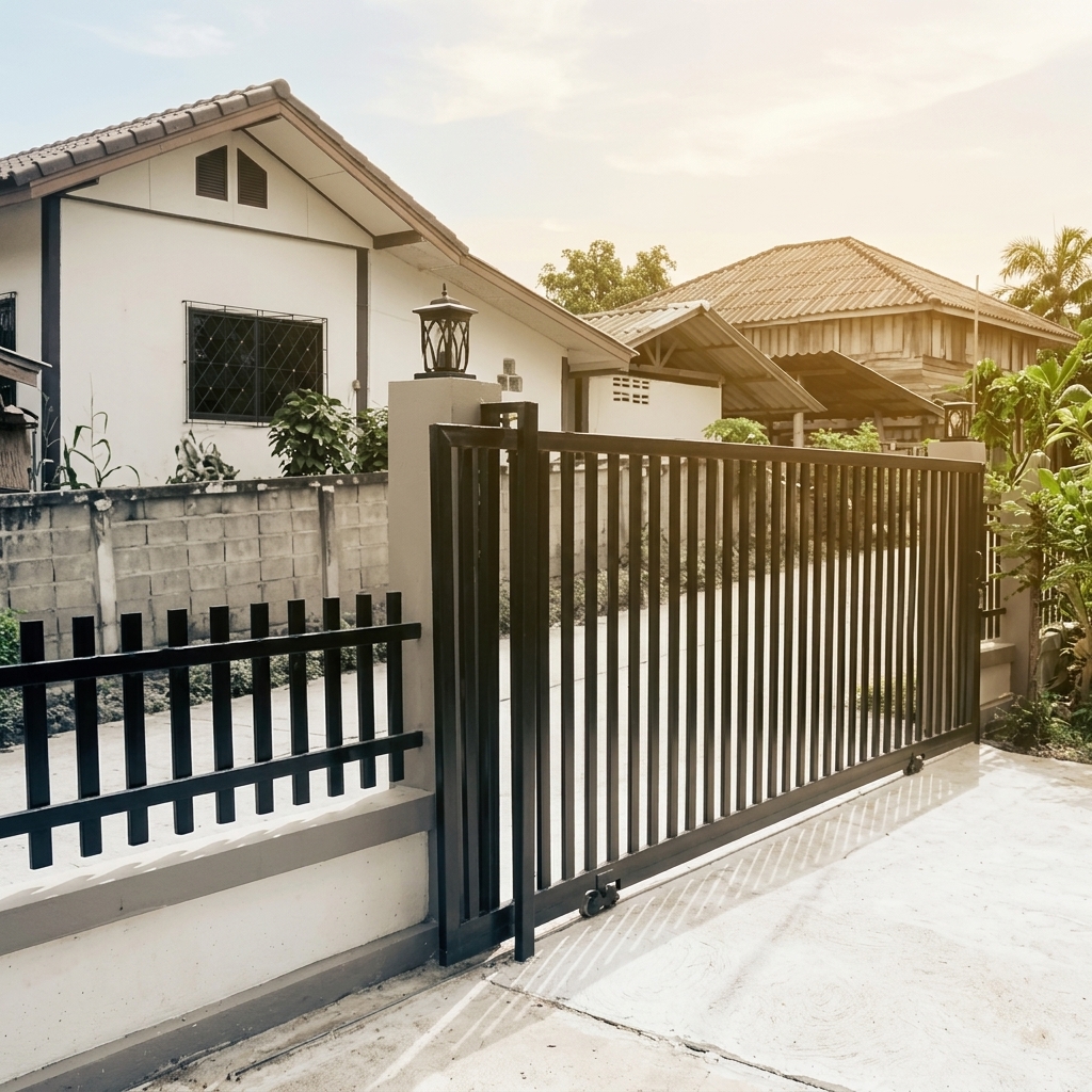 Ultra-Modern Matte Black Metal Sliding Main Gate with Vertical Slats and Minimalist Open Frame Design
