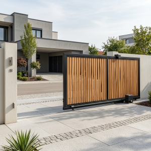 Ultra-Modern Black Metal Sliding Main Gate with Organic Wood Slat Infill and Automated Track System