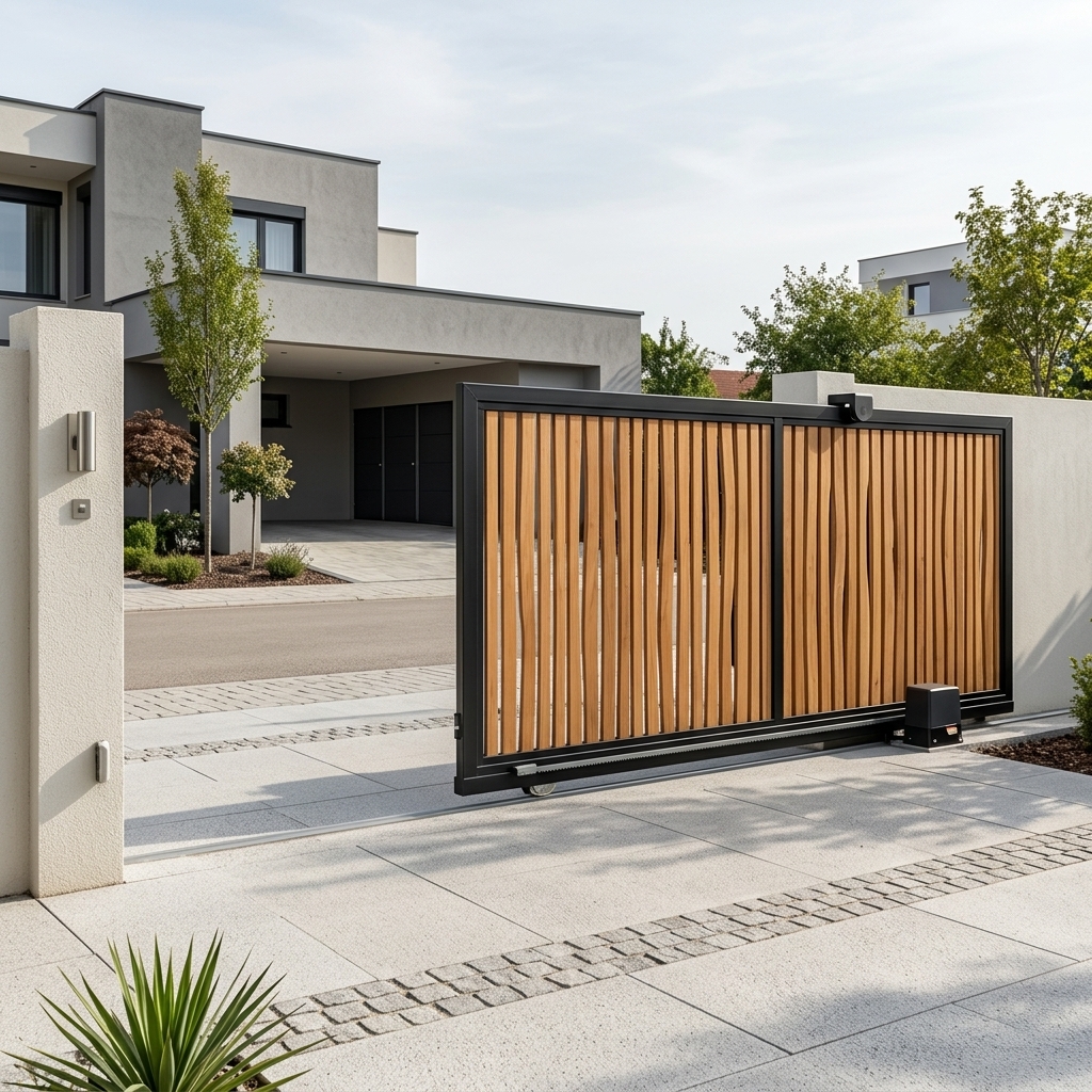 Ultra-Modern Black Metal Sliding Main Gate with Organic Wood Slat Infill and Automated Track System