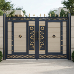 Luxurious Navy Blue & Beige Double Swing Main Gate with Gold Floral Panels