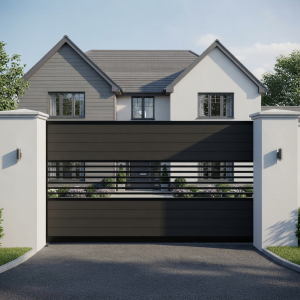 Ultra-Modern Matte Dark Grey Metal Sliding Main Gate with Horizontal Privacy Panels and Central Slatted Viewport