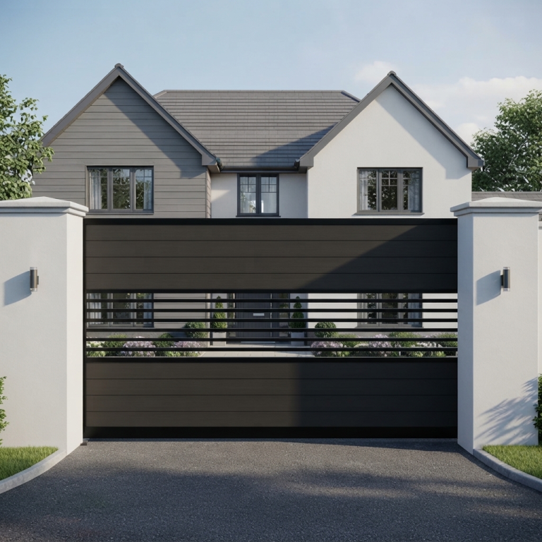 Ultra-Modern Matte Dark Grey Metal Sliding Main Gate with Horizontal Privacy Panels and Central Slatted Viewport