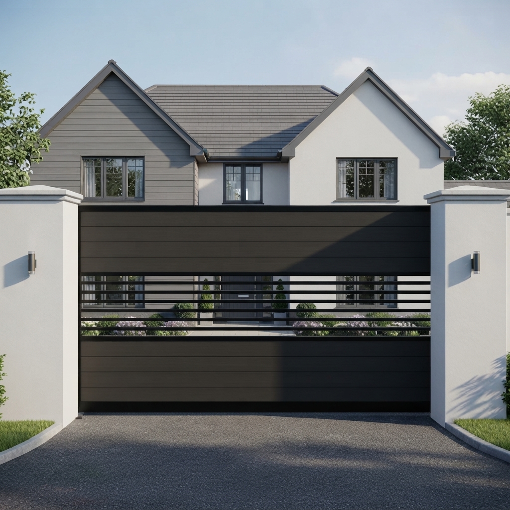 Ultra-Modern Matte Dark Grey Metal Sliding Main Gate with Horizontal Privacy Panels and Central Slatted Viewport