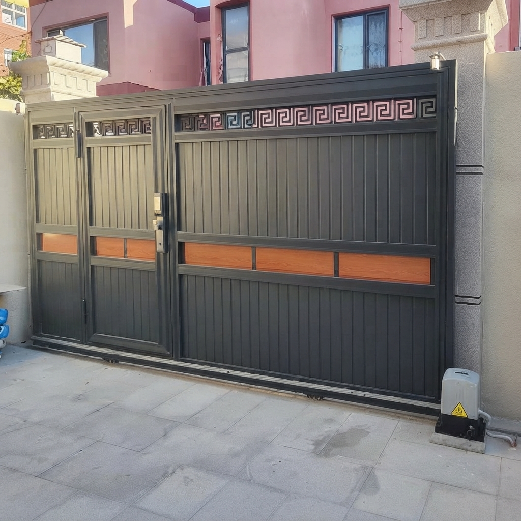 Ultra-Modern Matte Dark Grey Metal Sliding Main Gate with Integrated Pedestrian Gate, Wood Accent Band, and Greek Key Pattern