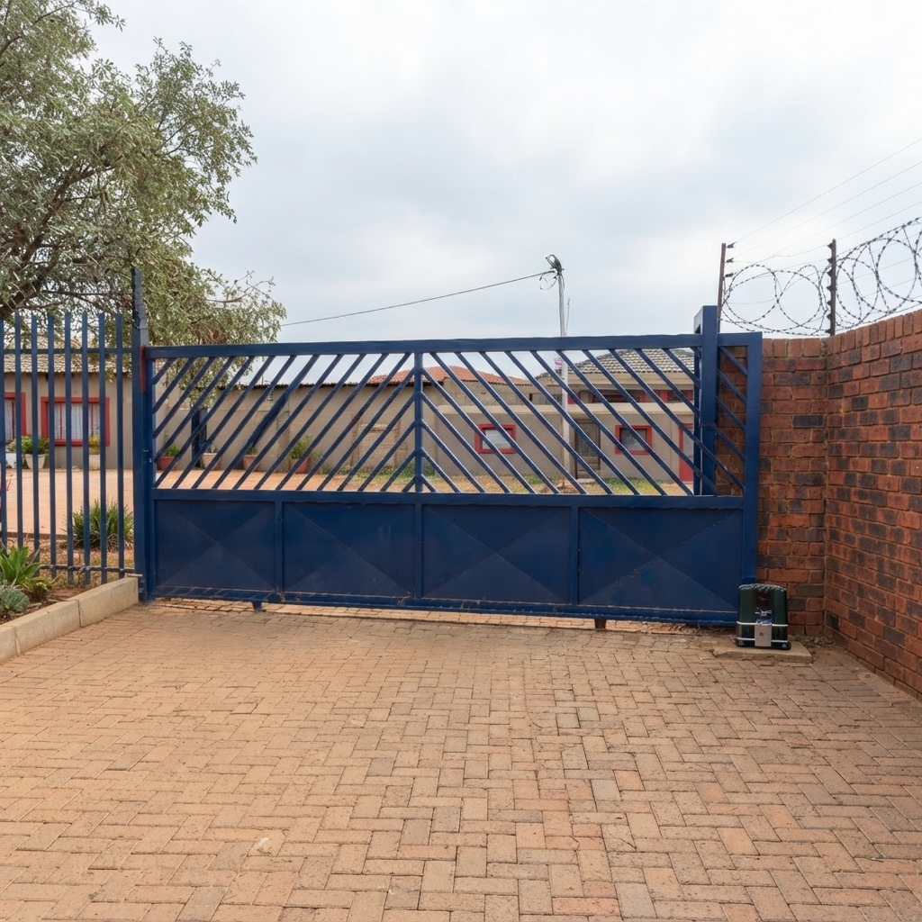 Ultra-Modern Deep Blue Metal Sliding Main Gate with Geometric Chevron Slats and Solid Lower Privacy Panels