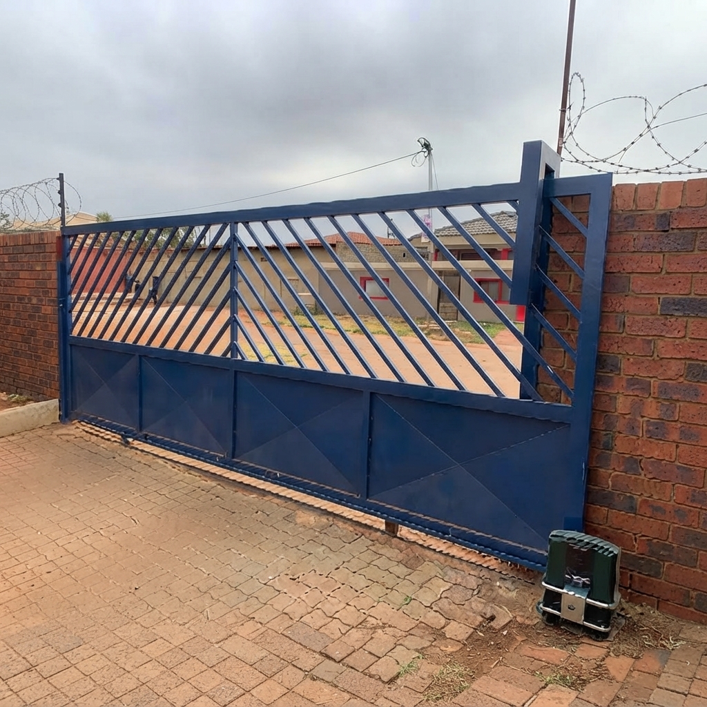 Ultra-Modern Deep Blue Metal Sliding Main Gate with Geometric Chevron Slats, Solid Lower Panels, and Automated Motor