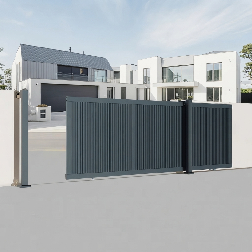Ultra-Modern Matte Charcoal Metal Sliding Main Gate with Fluted Vertical Slats and Seamless Monolithic Design