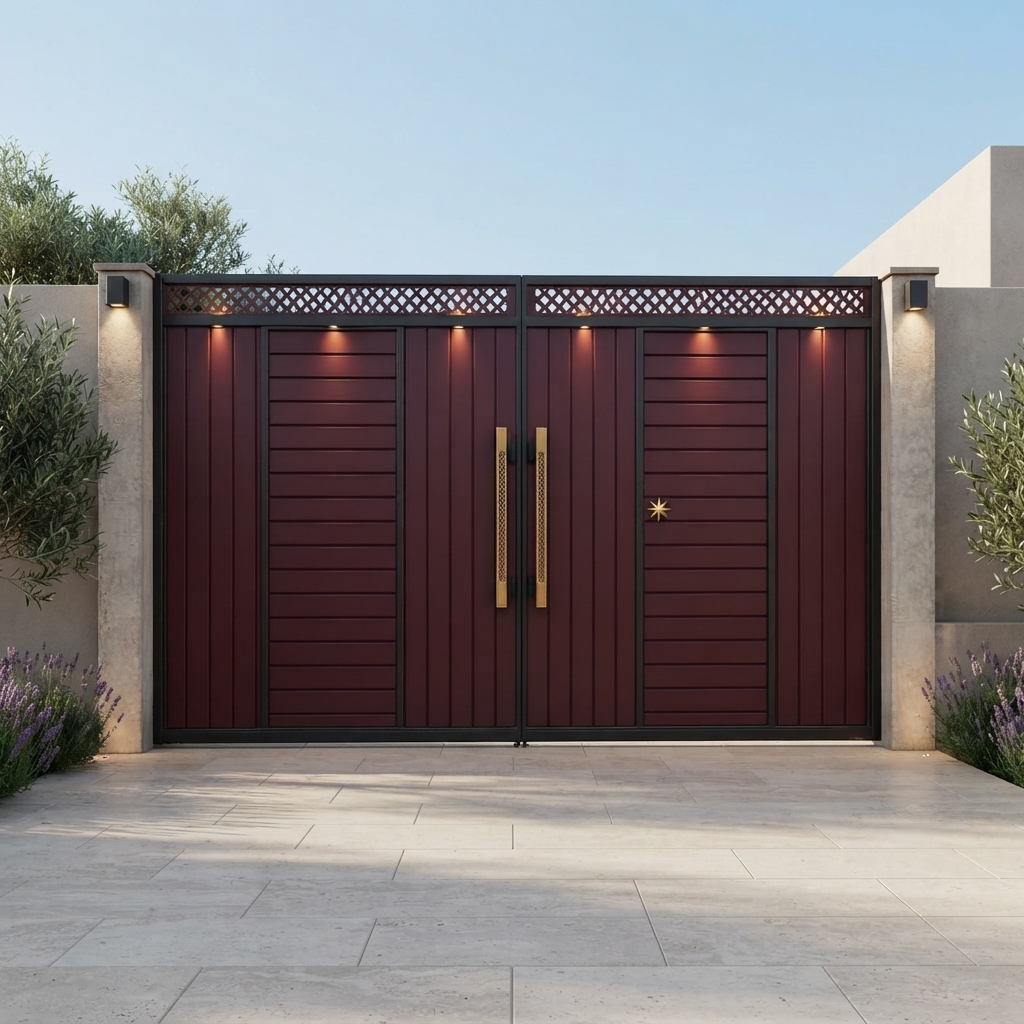 Modern Burgundy & Black Double Swing Main Gate with LED Lights