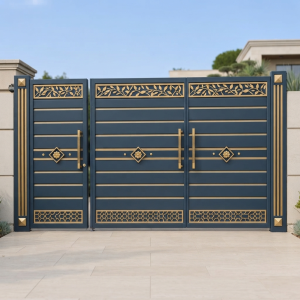 Luxury Navy Blue & Gold Mother-Child Double Swing Main Gate (With Integrated Pedestrian Door)