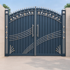 Elegant Navy Blue & Silver Arched Double Swing Main Gate with Floral Accents