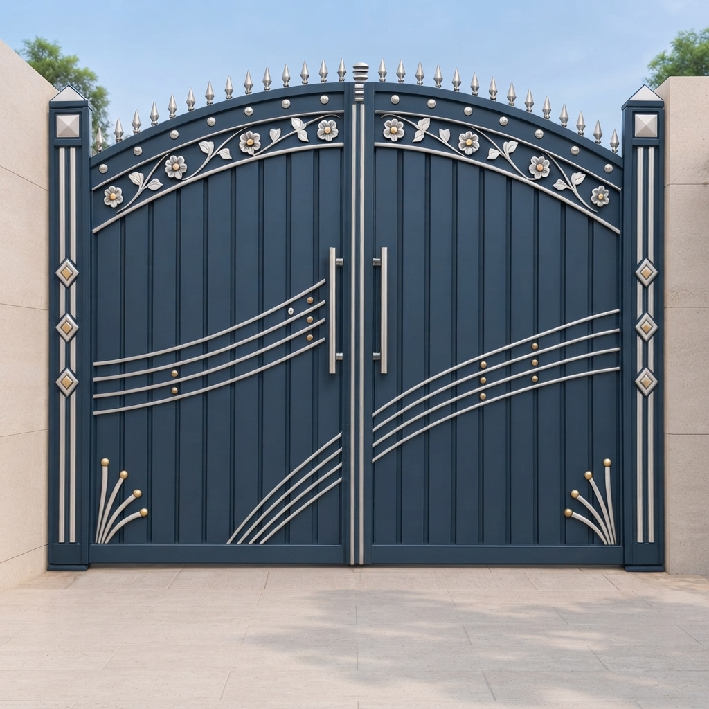Elegant Navy Blue & Silver Arched Double Swing Main Gate with Floral Accents
