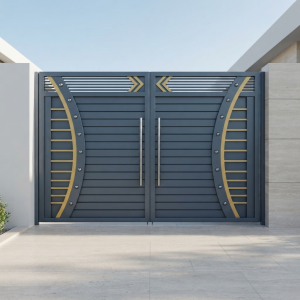 Modern Slate Blue & Yellow Double Swing Main Gate with Curved Side Panels