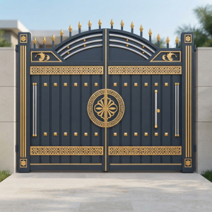 Royal Navy Blue & Gold Arched Double Swing Main Gate with Central Medallion