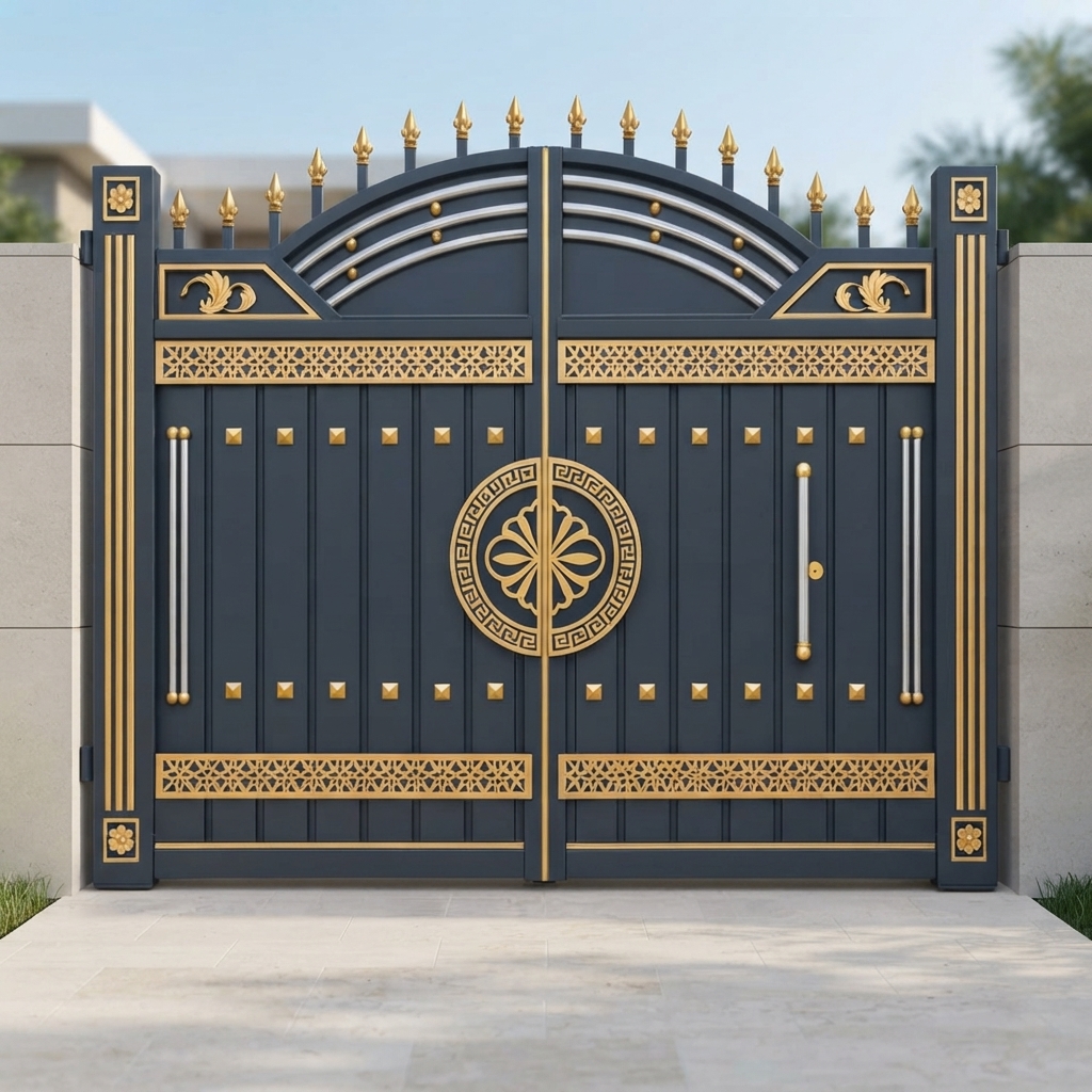 Royal Navy Blue & Gold Arched Double Swing Main Gate with Central Medallion