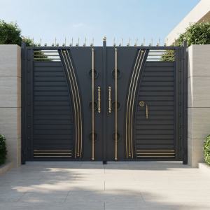 Luxury Modern Charcoal Grey & Gold Double Swing Main Gate with Decorative Rings