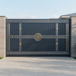 Luxurious Navy Blue & Gold Sliding Main Gate with Greek Key & Floral Medallion