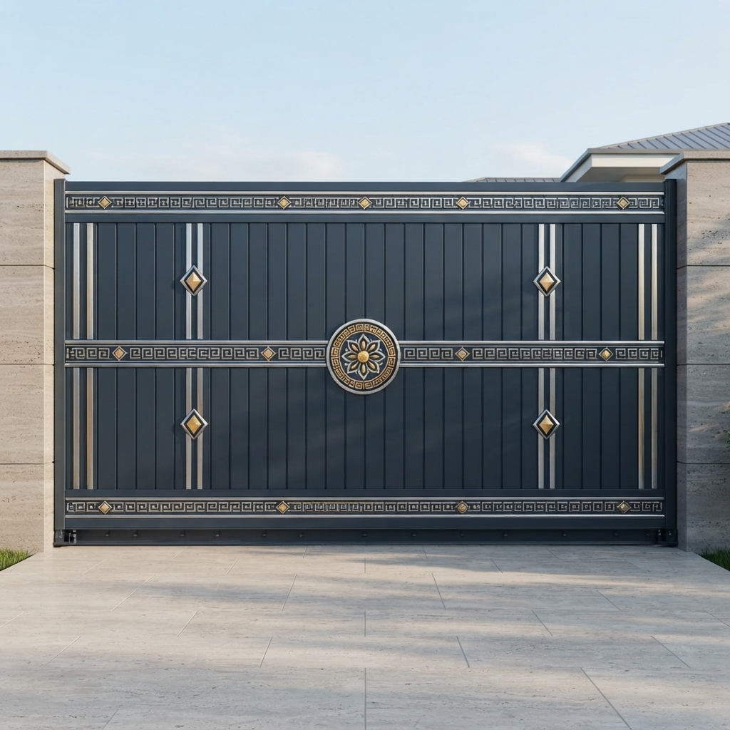 Luxurious Navy Blue & Gold Sliding Main Gate with Greek Key & Floral Medallion