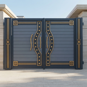 Modern Charcoal & Silver Double Swing Main Gate with Curved Gold Accents