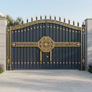 Royal Navy Blue & Gold Arched Double Swing Main Gate with Floral Medallion