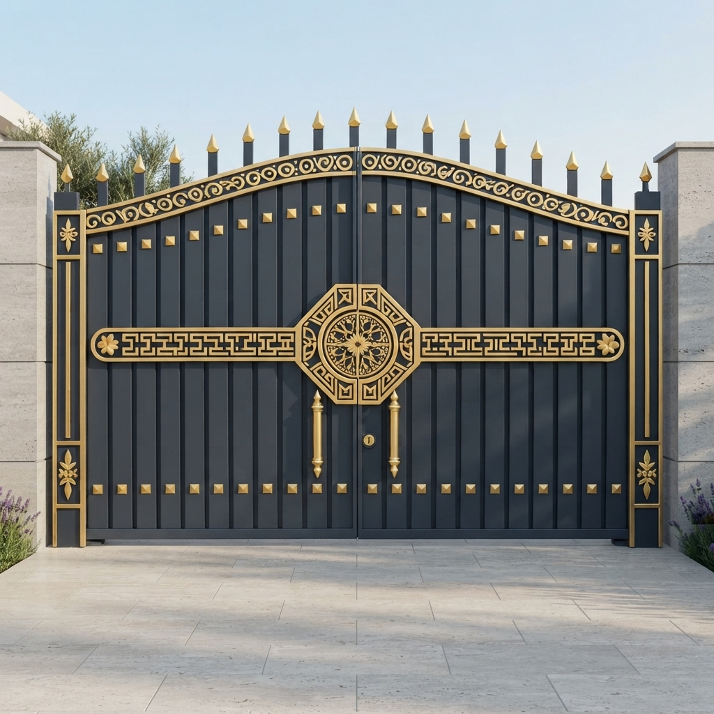 Royal Navy Blue & Gold Arched Double Swing Main Gate with Floral Medallion