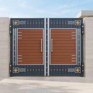 Contemporary Slate Blue & Wood-Tone Double Swing Main Gate with Gold & Silver Accents