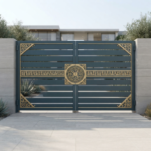 Modern Teal Blue & Gold Apollo Panelling Double Swing Main Gate with Floral Medallion