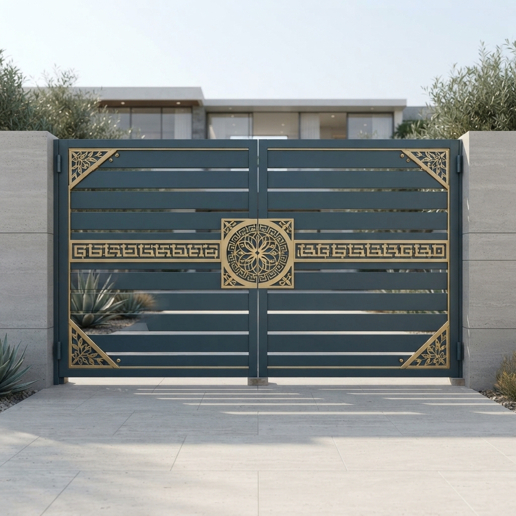 Modern Teal Blue & Gold Apollo Panelling Double Swing Main Gate with Floral Medallion