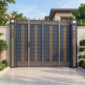 Grand Navy Blue & Gold 4-Panel Main Gate with Ornate Floral Lattice & Spherical Finials