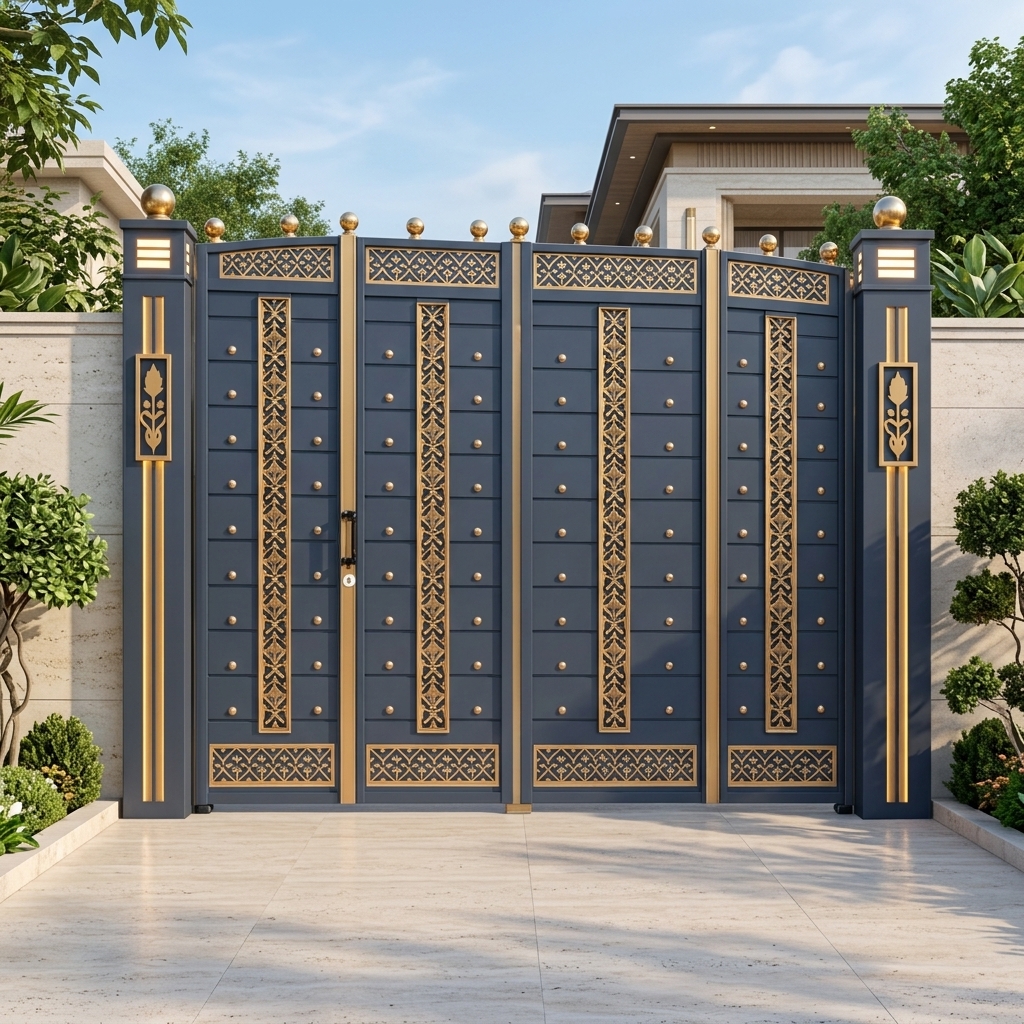 Grand Navy Blue & Gold 4-Panel Main Gate with Ornate Floral Lattice & Spherical Finials