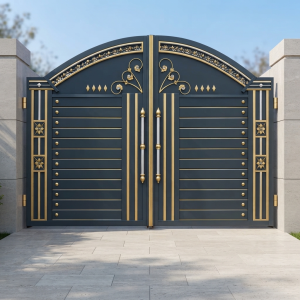 Royal Navy Blue & Gold Arched Double Swing Main Gate with Scrollwork & Diamond Accents