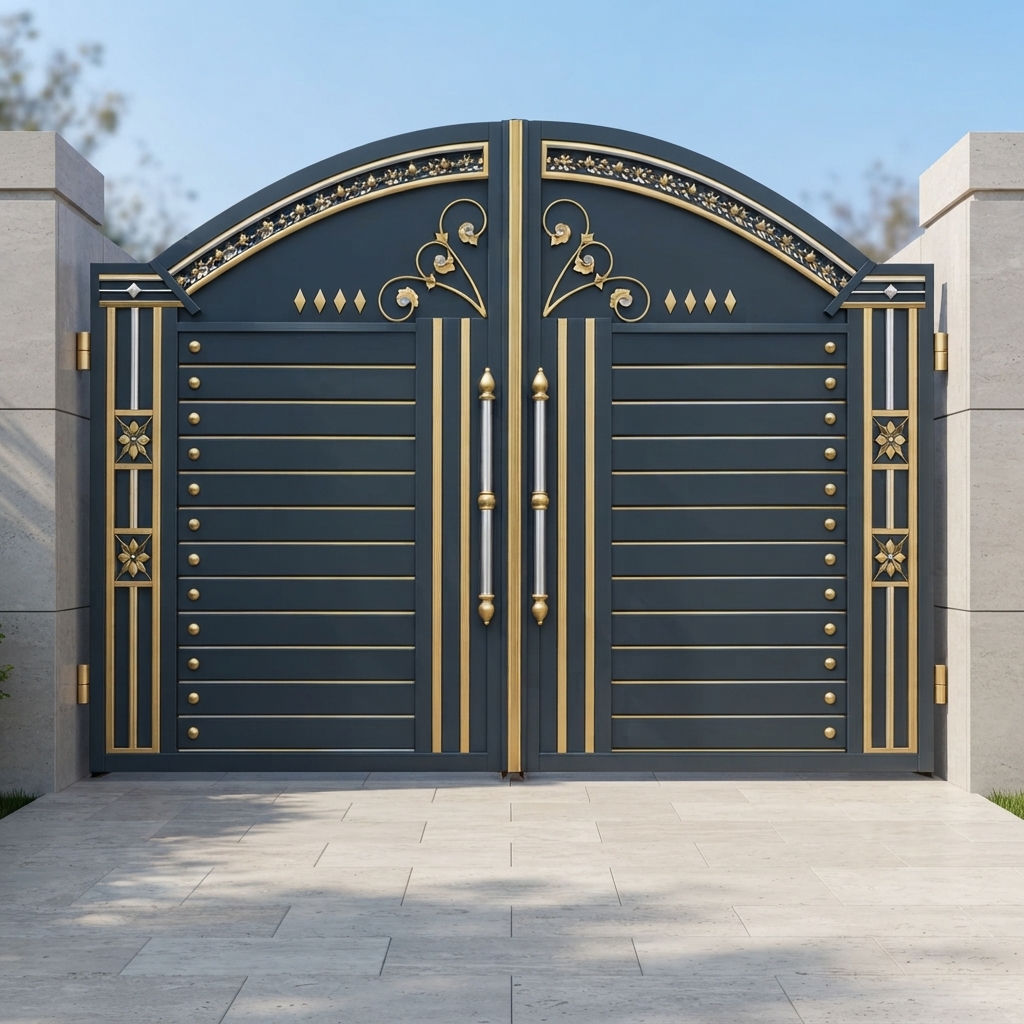 Royal Navy Blue & Gold Arched Double Swing Main Gate with Scrollwork & Diamond Accents