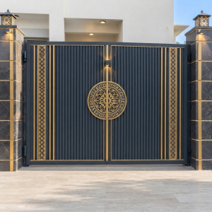 Modern Dark Grey & Gold Double Swing Main Gate with Vertical Slats & Central Medallion