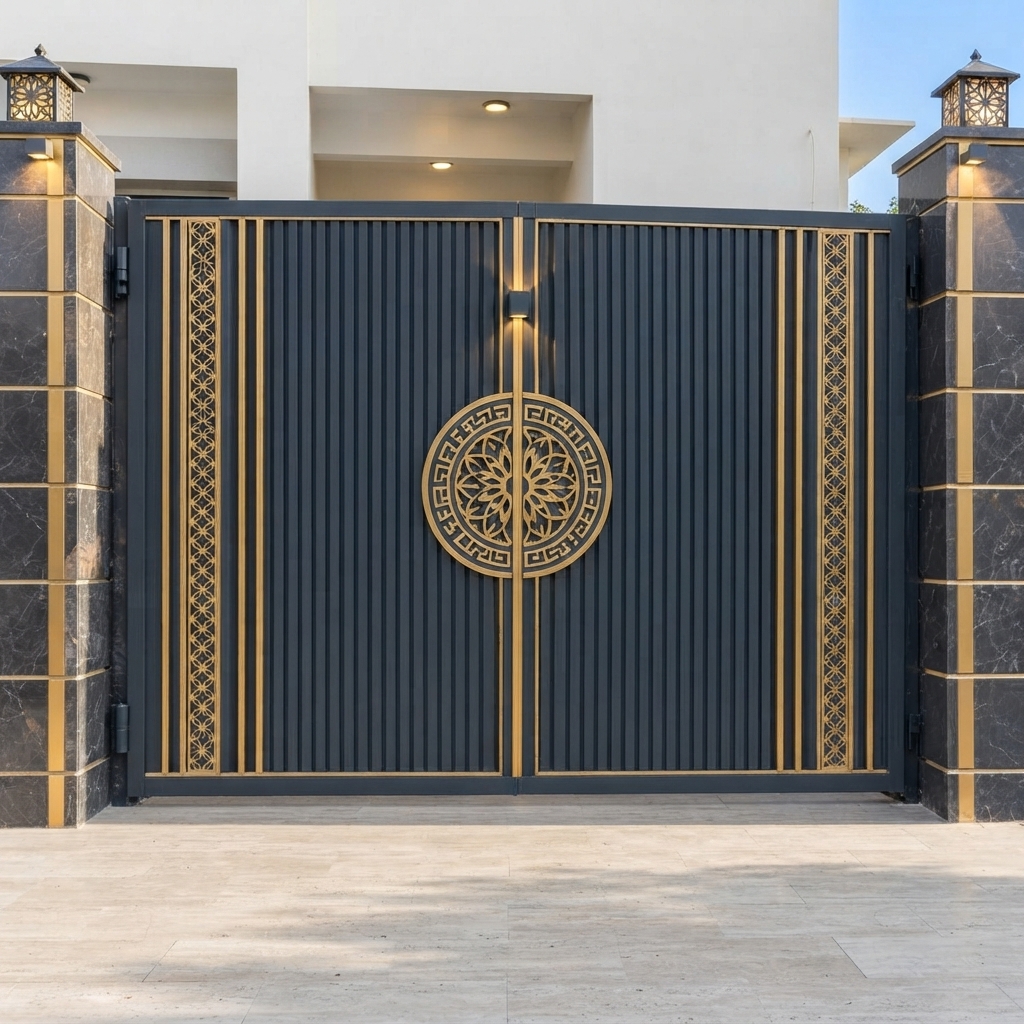 Modern Dark Grey & Gold Double Swing Main Gate with Vertical Slats & Central Medallion