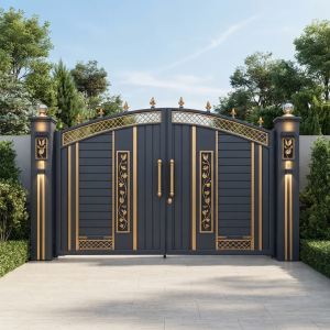 Luxury Arched Navy Blue & Gold Double Swing Main Gate with Floral Panels & Lattice Work