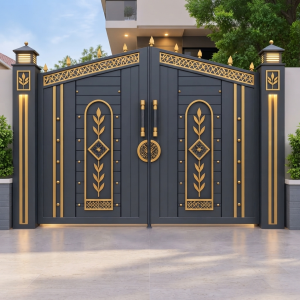 Modern Charcoal Grey & Gold Arched Double Swing Main Gate with Floral Panels & Lantern Finials
