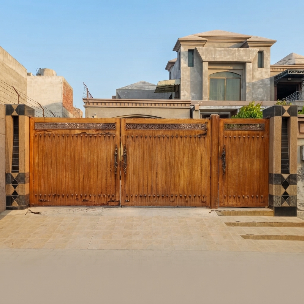 Heavy-Duty Teak Wood-Finish Mother-Child Main Gate with Decorative Metal Accents