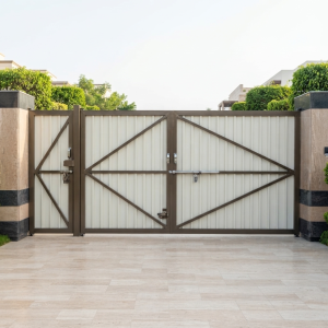 Heavy-Duty Dark Brown & Cream Multi-Panel Sliding Main Gate with Cross-Bracing